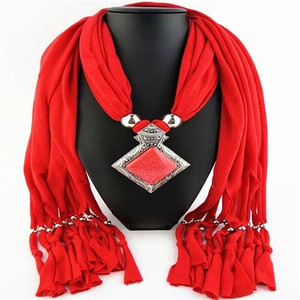 Butterfly Style Round Gem Pendant Women Scarf Necklace - Red A392-fasn0426