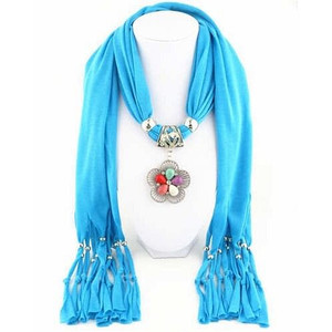 Artificial Turquoise Flower Pendant Solid Color Women Scarf Necklace - Blue A392-fasn0437