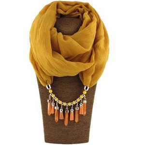 Waterdrops Tassel and Beads Decorated Solid Color Cotton Women Scarf Necklace - Yellow A392-fasn0468