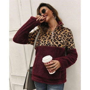 Leopard Prints Jointed Design High Fashion Hooded Long Sleeves Women Top - Wine Red A392-fast0094