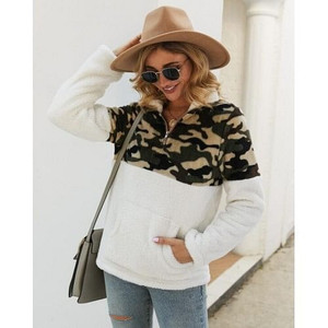Camouflage Prints Jointed Design High Fashion Hooded Long Sleeves Women Top - White A392-fast0095