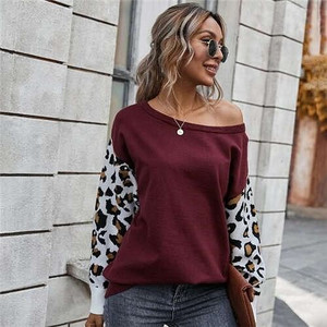 Contast Colors Leopard Prints Long Sleeves Autumn and Winter Fashion Women Top - Wine Red A392-fast0166