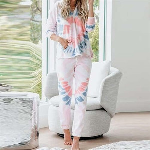 High Fashion Abstract Dyed Flowers Long Sleeves Women Homewear/ Pajamas Suit - White A392-fast0171