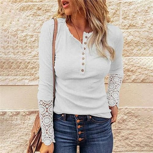 Solid Color Lace Sleeves Design Casual Fashion Women Top/ T-shirt - White A392-fast0176