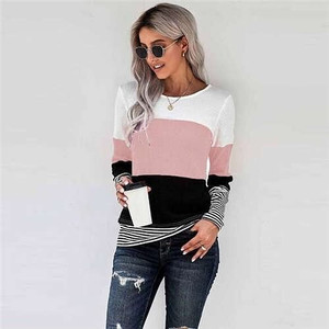 Contrast Colors Jointed Long Sleeves Fashion Women Top/ T-shirt - Pink A392-fast0196