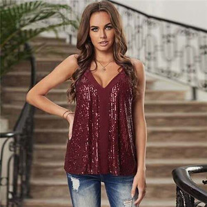 Sequins Shining Fashion Thin Strap Design Women Top - Red A392-fast0199