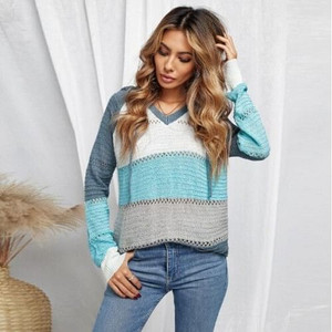 U.S. Fashion Wholesale Clothing Knitted Hooded Sweater Autumn/ Winter Women Top - Blue and Gray A392-fast0221