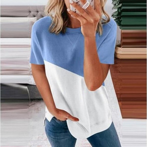 U.S. Fashion Wholesale Clothing Contrast Color Design Round Neck Women T-shirt/ Top - Light Blue A392-fast0225