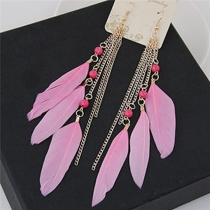 Bohemian Fashion Dangling Feather and Chain Tassel Design Earrings - Pink A392-fear2157