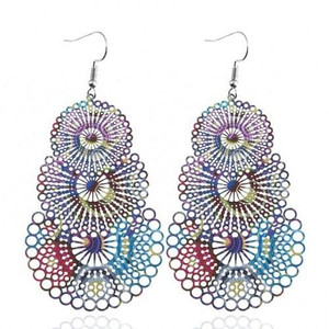 Hollow Triple Layers Flower Printing Waterdrops Pendant Chunky Fashion Women Statement Earrings A392-fear2853