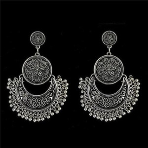 Vintage Flowers Engraving Bohemian Fashion Women Statement Earrings - Silver A392-fear3075