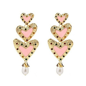 Gems Inlaid Triple Hearts with Dangling Pearl Design High Fashion Earrings - Pink A392-fear3324