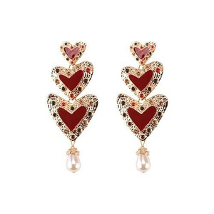 Gems Inlaid Triple Hearts with Dangling Pearl Design High Fashion Earrings - Red A392-fear3326