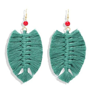Palm Tree Leaves Design Cotton Threads Weaving Tassel Women Fashion Statement Earrings - Green A392-fear4625