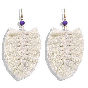 Palm Tree Leaves Design Cotton Threads Weaving Tassel Women Fashion Statement Earrings - White A392-fear4633