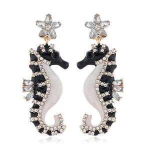 Rhinestone Embellished Seahorse Design Bold Fashion Women Statement Earrings - Black A392-fear5583