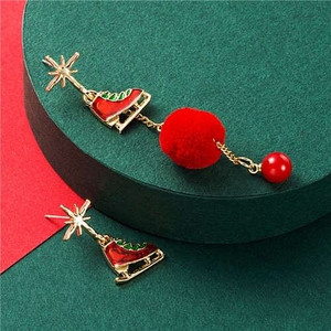 Ice Skates with Red Fluffy Ball Tassel Design Christmas Fashion Asymmetric Alloy Women Earrings A392-fear5668