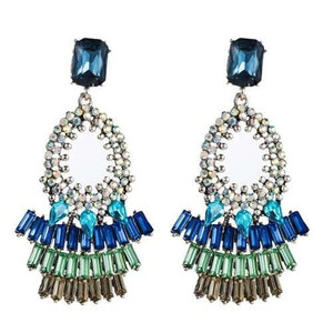 Rhinestone Embellished Bold Bohemian Fashion Hoop Tassel Women Earrings - Blue A392-fear5986