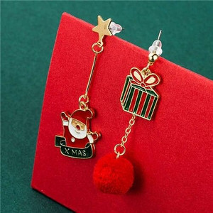 Christmas Gift Box with Red Fluffy Ball Pendant and Santa Claus Asymmetric Design Women Wholesale E A392-fear6943