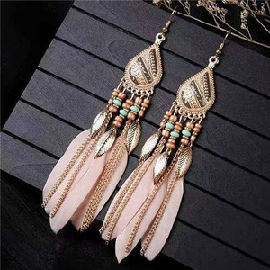 Bohemian Royal Fashion Leaves and Feather with Chain Tassel Women Drop Earrings - Pink A392-fear7493