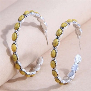 Retro Turquoise Inlaid Metallic Exaggerated Women Temperament Wholesale Fashion Earrings - Yellow A392-fear7719