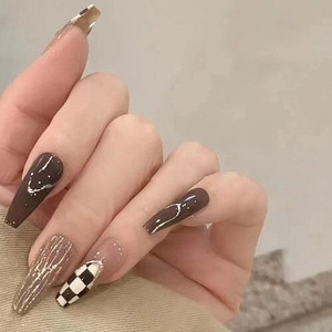 24 Pieces Set Chocolate Color Checkerboard Long Fake Nail Fashion Wholesale Nail Stickers A392-nstr0110