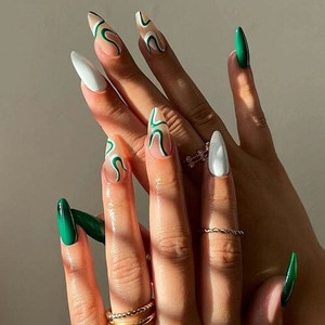 Green and White Water Ripple Pointed Toe 24 Pieces Set Fashion Fake Nail Wholesale Nail Stickers A392-nstr0128