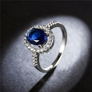 Crystal Sunflower Design Platinum Ring - Blue A392-rgri0155