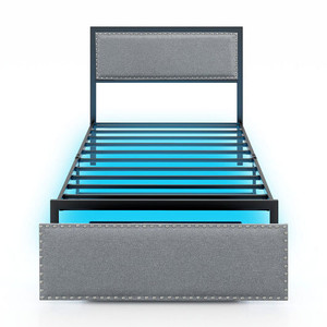 Full/Queen/Twin Size Bed Frame with LED Lights Drawer and Metal Slats-Twin Size - Color: Gray - Siz D681-HU10701GR-T