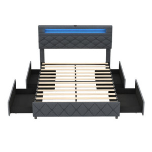 Full/Queen Size Bed Frame with Adjustable Storage Headboard and Wooden Slat Support-Full - Color: G D681-HU10583GR-F