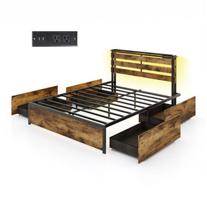 Full/Queen/Twin Size Bed Frame with Drawers LED Lights and USB Ports-Queen Size - Color: Rustic Bro D681-HU10699CF-Q