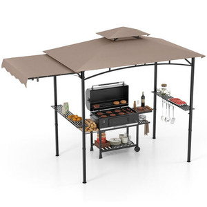 11 x 5 FT Grill Gazebo with Side Awning and Double-Tiered Top-Brown - Color: Brown D681-NP11863CF