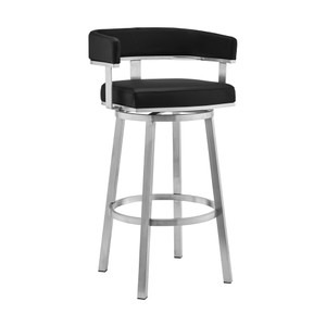 30" Black And Silver Faux Leather And Iron Swivel Low Back Bar Height Bar Chair N270-476732