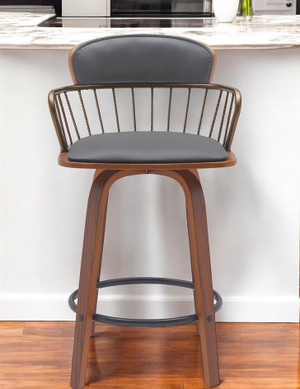 26" Gray And Wood Brown Faux Leather Swivel Low Back Counter Height Bar Chair N270-534441