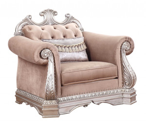 42" Cherry Blossom Pink And Silver Velvet Tufted Arm Chair And Toss Pillow N270-347294