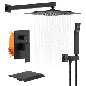 Rain Mixer Shower Faucet Set with Waterfall Tub Spout 10 inch Square Rainfall Shower Head with Hand T575-S0671299239