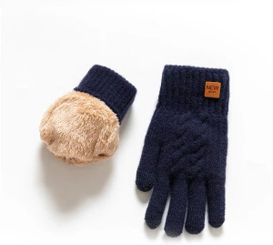 Color: army green, Gloves Size: One Size - Fleece Lined Fashion Warm Women Men Black Cable Knitted  F640-12000043024668128