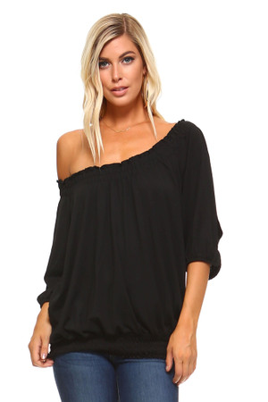 Women's 3/4 Three Quarter Sleeve Peasant Top with Elastic Neckline T396-DF122-M-BK-S