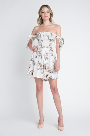 Women's Off Shoulder Smocked Floral Tie Romper T396-EA834517251-WGF-S