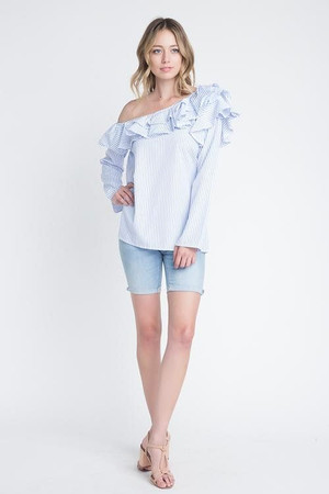 Women's One Shoulder Stripe Ruffle Top T396-CFG031520-WHT-S