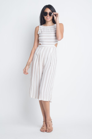 Women's Stripe Cut-Out Sleeveless Jumpsuit T396-EA834517256-WHT-S