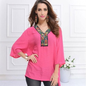 Embroidery V-neck Three-quarter Sleeves Casual Folk Style Women Top - Rose A392-fast0014
