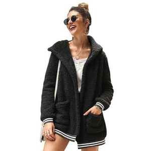 High Fashion Fluffy Style Long Sleeves Winter Fashion Hooded Women Top - Black A392-fast0129