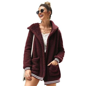 High Fashion Fluffy Style Long Sleeves Winter Fashion Hooded Women Top - Wine Red A392-fast0134