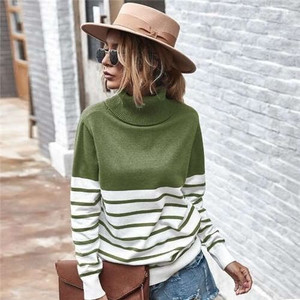 Stripes Design Contast Colors Long Sleeves Autumn and Winter Fashion Women Top - Army Green A392-fast0168