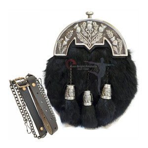 Scottish Kilt Black Rabbit Full Dress Sporran Antique Enamel Thistle Cantel A657-25