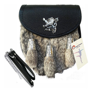 Scottish Kilt Semi Dress Grey Goat Sporran with Rampant Lion & Tassels Caps A657-39