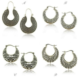 Style: Design-C - Exotic Tribe Vintage Style Silver Filigree Hoop Earrings For World Traveller K290-19500761989