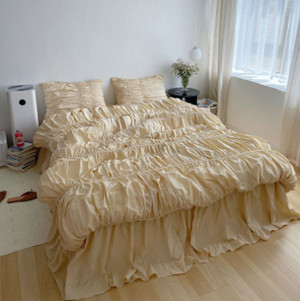Color: Yellow, Bedding Size: 1.5M bed skirt - Handmade Bubble Pleated Cotton Four-piece Cotton Set Q119-CJCS191832210JQ