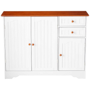 White Wood Sideboard Buffet Cabinet with Walnut Finish Top and Knobs Q280-HYPWICM1895281